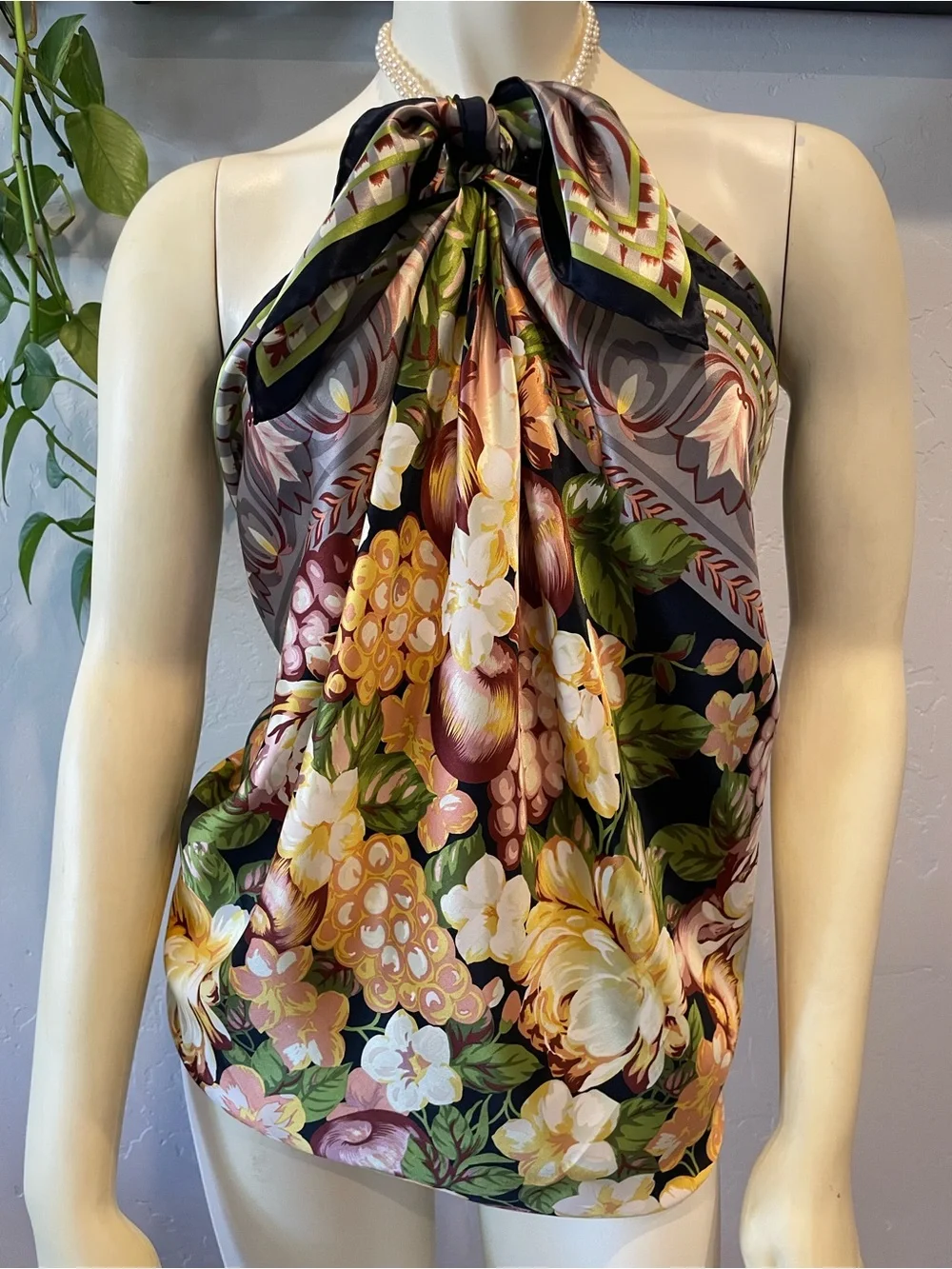Pristine vintage 100% silk Floral Fruit Print Scarf - Yellow, Green, Black